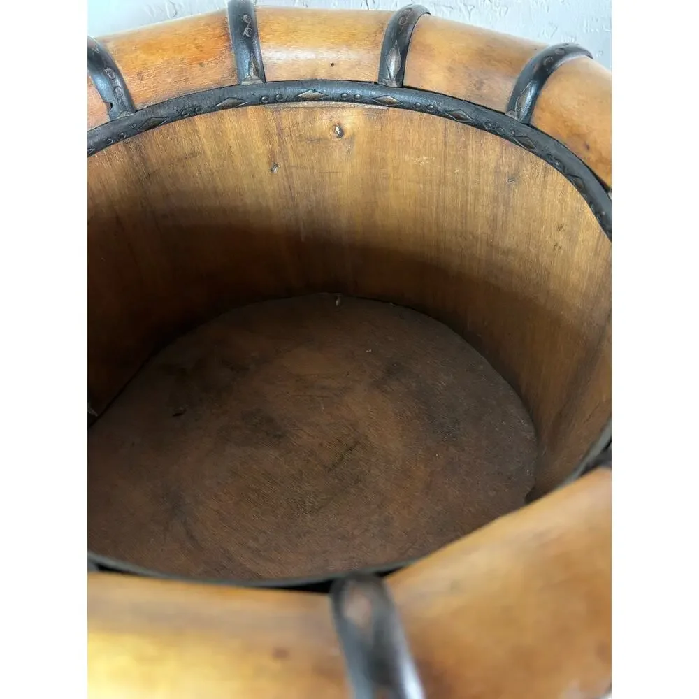 Vintage Rustic Wood & Leather Laced Basket Handcrafted Planter Bowl 16” Diameter